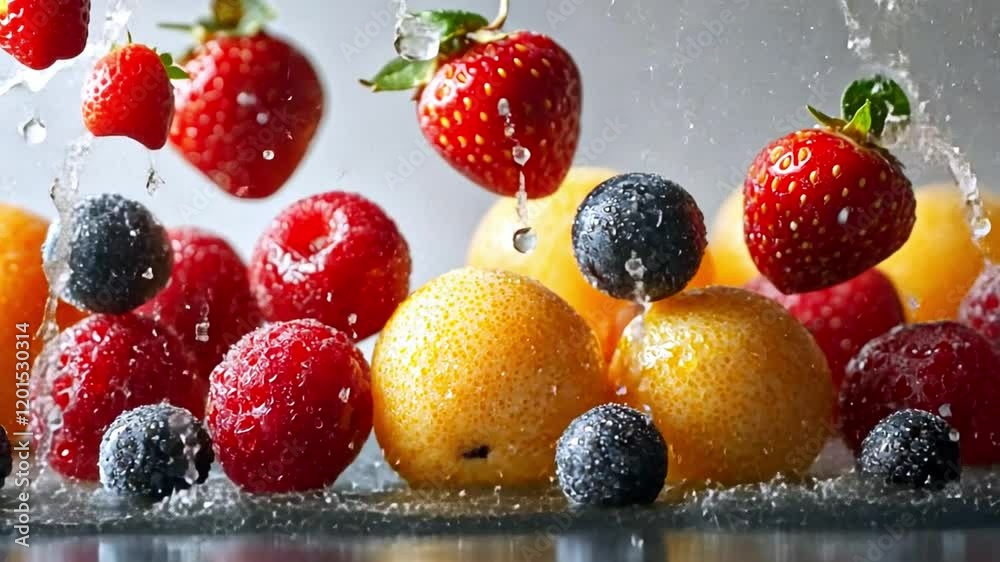 Poster Colorful fruits including strawberries, blueberries, and oranges explode in splashes of water, creating a dynamic and refreshing visual. The scene captures the essence of freshness and vitality.