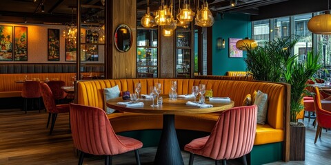A cozy and stylish dining space featuring colorful seating and warm lighting. This inviting restaurant atmosphere is perfect for gatherings and special occasions. Enjoy a delightful meal here. AI