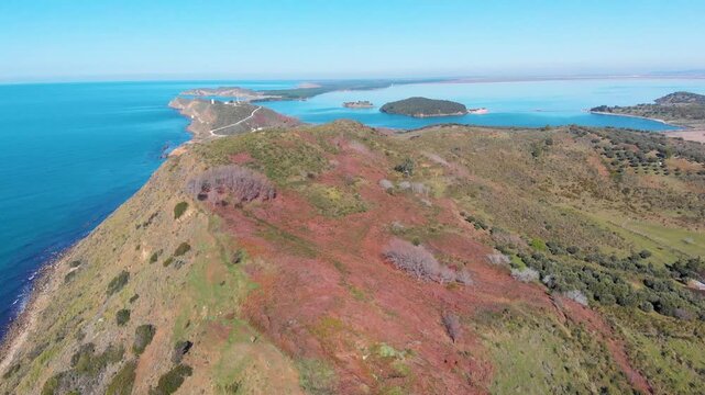 Porto Novo Beach, Zvernec, Vlore, Albania - Aerial Drone View of the Rocky Coastline