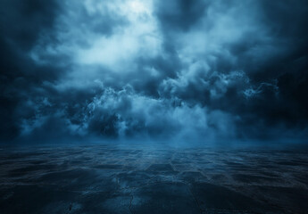 Obraz premium Dark Blue Abstract Background with Concrete Floor and Wall, Mysterious Atmosphere, Low Lighting, High-Resolution Cinematic Octane Render Design