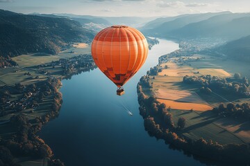 Bright hot air balloon floating over a scenic river valley at sunrise