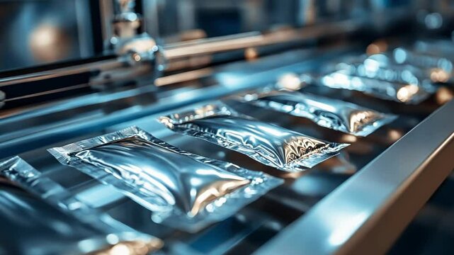 Closeup of a microscale packaging machine sealing tiny pouches filled with organic powder with the gleaming metallic seals glistening in the light.