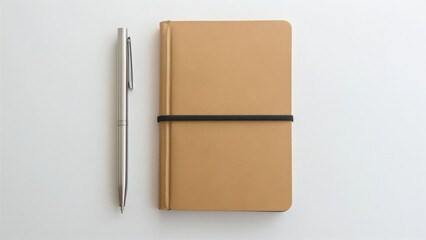 Minimalist Brown Notebook with Pen on White Background