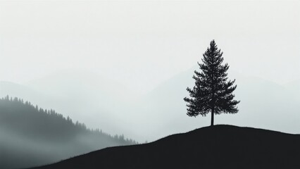 Solitary Pine Tree on Misty Hillside