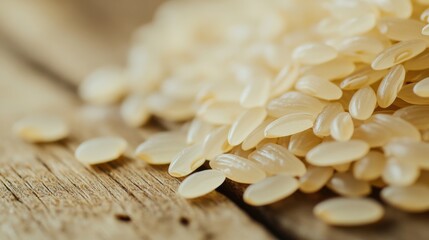Close-up of uncooked rice grains on a rustic wooden table. Highlighting texture and natural color for food and cooking-related content.