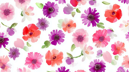 Red and blue watercolor floral background on white. Horizontal view.