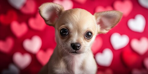 A cute puppy in front of a background filled with small red and pink hearts. The heart motif adds a lovely, romantic touch, ideal for Valentine’s Day designs or other affectionate themes, copy space 