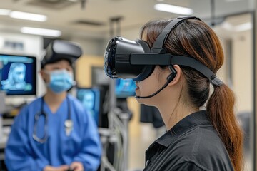 Employees engaging in virtual reality training simulations for innovative learning experiences in medical and industrial fields