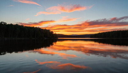 Obraz premium Serene sunset reflection on calm lake in woodland, peaceful tranquility
