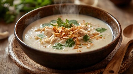 Creamy Chicken Soup with Herbs and Crispy Onions