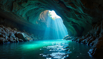 Illuminated underwater cave entrance with blue light, natural beauty
