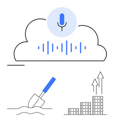 Microphone inside cloud with audio waveform, shovel in soil, and growing building chart. Ideal for technology, cloud storage, sustainability, growth strategies, AI, big data abstract line flat