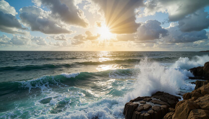 Dramatic sunlight breaking through clouds over ocean waves, nature's power
