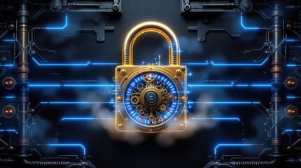 Steampunk-style padlock with gears and glowing blue circuits. Perfect for security, technology, and innovation concepts