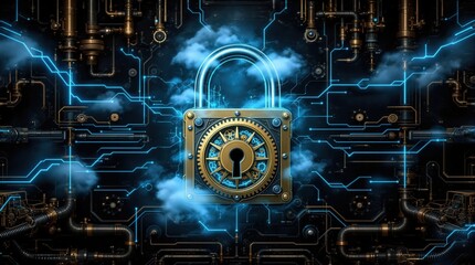 Steampunk-style padlock with gears and glowing blue circuits. Perfect for security, technology, and innovation concepts