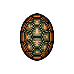 A stylized turtle shell pattern, composed of geometric shapes, filled with a vibrant, organic earth-toned color palette.