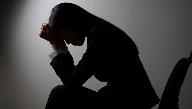 暗闇で膝を抱えて落ち込む女性のシルエット