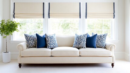 Elegant Cream Sofa with Blue Pillows Roman Shades Plant