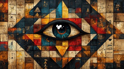An all-seeing eye within a mosaic of hieroglyphs and geometric patterns evokes ancient mysteries. Ideal for book covers, album art, or posters.