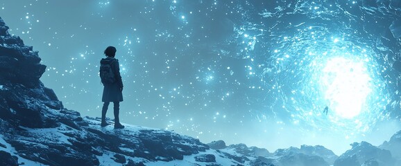 Obraz premium Girl witnesses a celestial event, a glowing portal in a snowy, mountainous landscape under a starry sky.