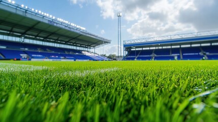 Fototapeta premium Green football field inside a large blue stadium.