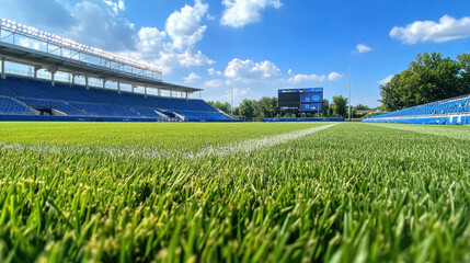 Fototapeta premium Vibrant stadium grass with clear blue sky backdrop