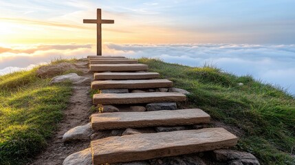 Sunrise mountaintop cross steps faith hope