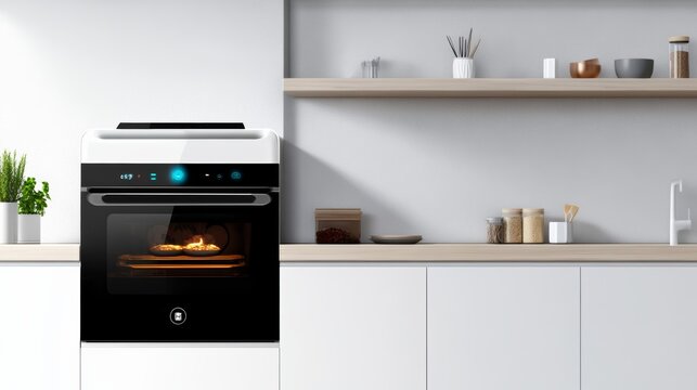 A modern smart oven with a digital touchscreen and advanced cooking modes in a stylish kitchen, representing the intersection of technology and culinary arts, Kitchen scene
