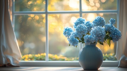 Rustic vase with blue hydrangeas near a sunny window