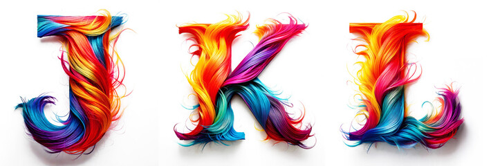 Letters J, K, L. Alphabet Made of Colorful Hair - White Background
