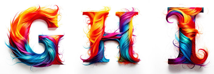 Letters G, H, I. Alphabet Made of Colorful Hair - White Background