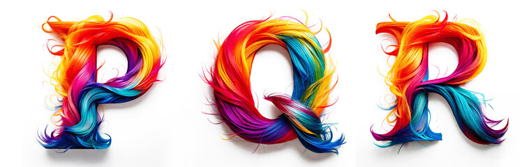 Letters P, Q, R. Alphabet Made of Colorful Hair - White Background