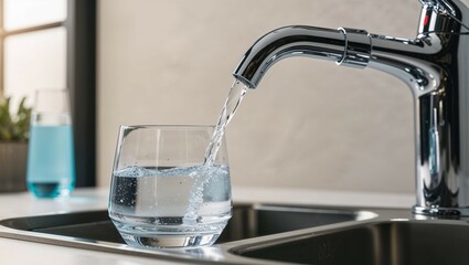 Cold, fresh water pours from a steel faucet into a clean glass in a white kitchen sink