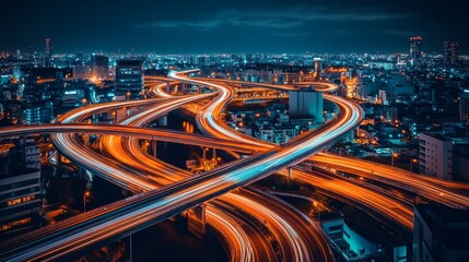 Futuristic Highway at Night with Light Trails, a Long Exposure Creating Dynamic Motion, Stock Photo
