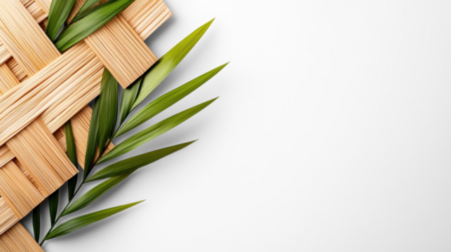 Woven Wooden Pattern with Green Leaves