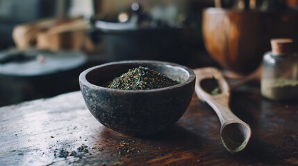 Rustic bowl with herbal tea ingredients on a wooden surface