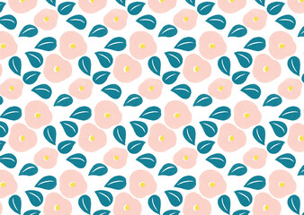 白い背景のピンクの椿のレトロでシームレスなパターン