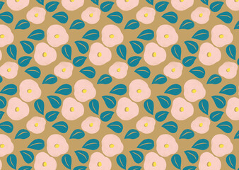 背景がベージュのピンクの椿のレトロでシームレスなパターン