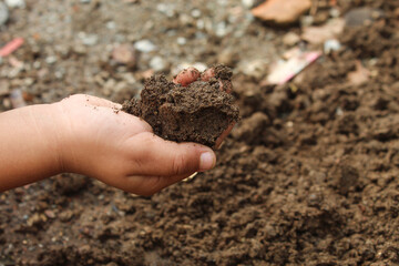 Close up Children's hands with soil. Children play in dirt or mud