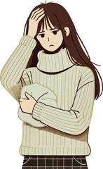 A girl wearing a sweater, she was gloomy and was holding her head,