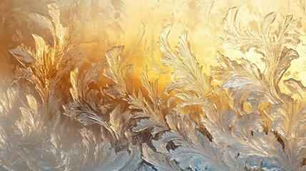 Delicate frost patterns spread across the glass, their icy intricacy glistening in the warm golden light filtering through.