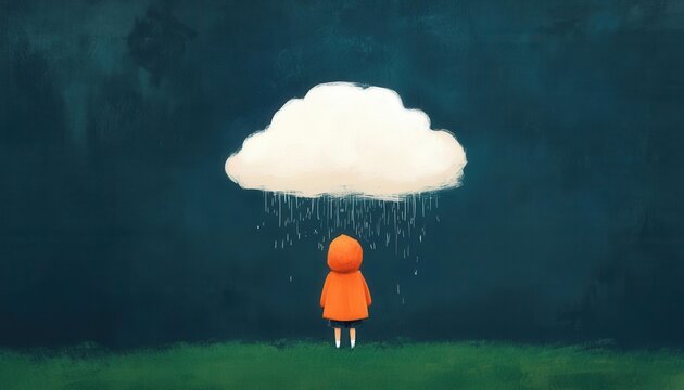 Conceptual art of a digital storm cloud raining hurtful messages on a lonely child