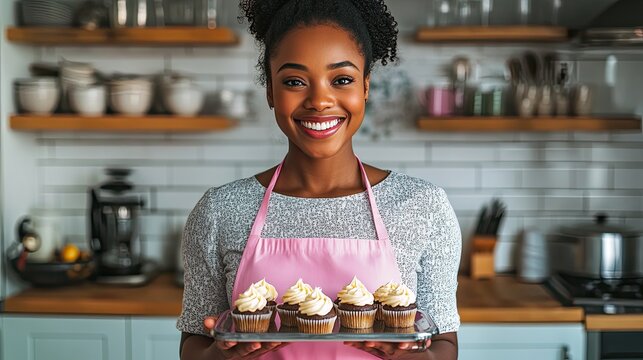 Confident Afican American pastry chef smiling and holding tray of delicious pink cupcakes in modern kitchen