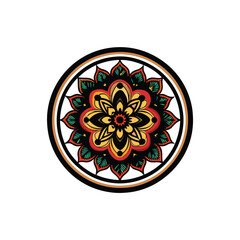 A vibrant mandala pattern intricately designed within a circular frame, showcasing symmetrical floral and geometric motifs.