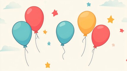 Retro Clip Art of Colorful Balloons and Stars Celebratory Background Illustration On Cream Backdrop
