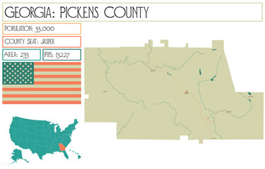 Large and detailed map of Pickens County in Georgia USA.