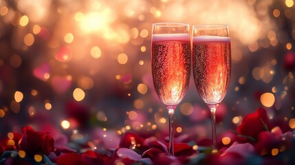 A romantic scene with two elegant wine glasses filled with a soft pink drink, placed on a glowing white surface. Behind them, a vibrant pink background with shimmering heart-shaped patterns creates a 