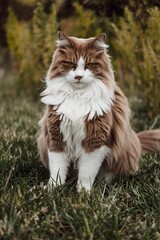 Brown and white cat on grass