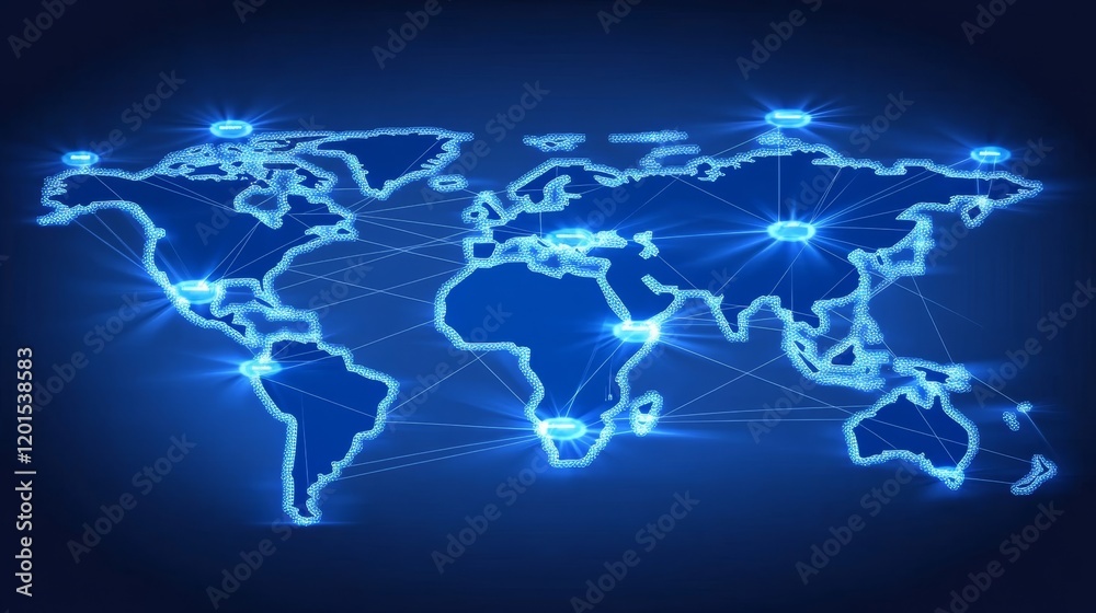 Poster global network. world map with glowing points connected by lines on blue digital background