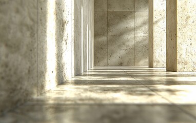 Sunlit minimalist concrete hallway interior.